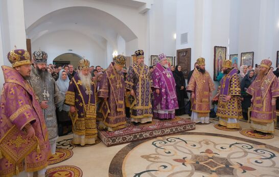 Архиерейское Богослужение в день памяти 40 Севастийских мучеников, в именины схиархимандрита Илия (Ноздрина) в храме Сретения Господня.